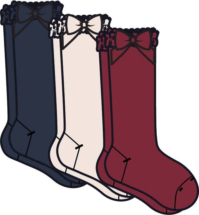 Navy, Ivory, & Dark Cherry 3-Pack Lace Ruffle Bow Knee High Socks