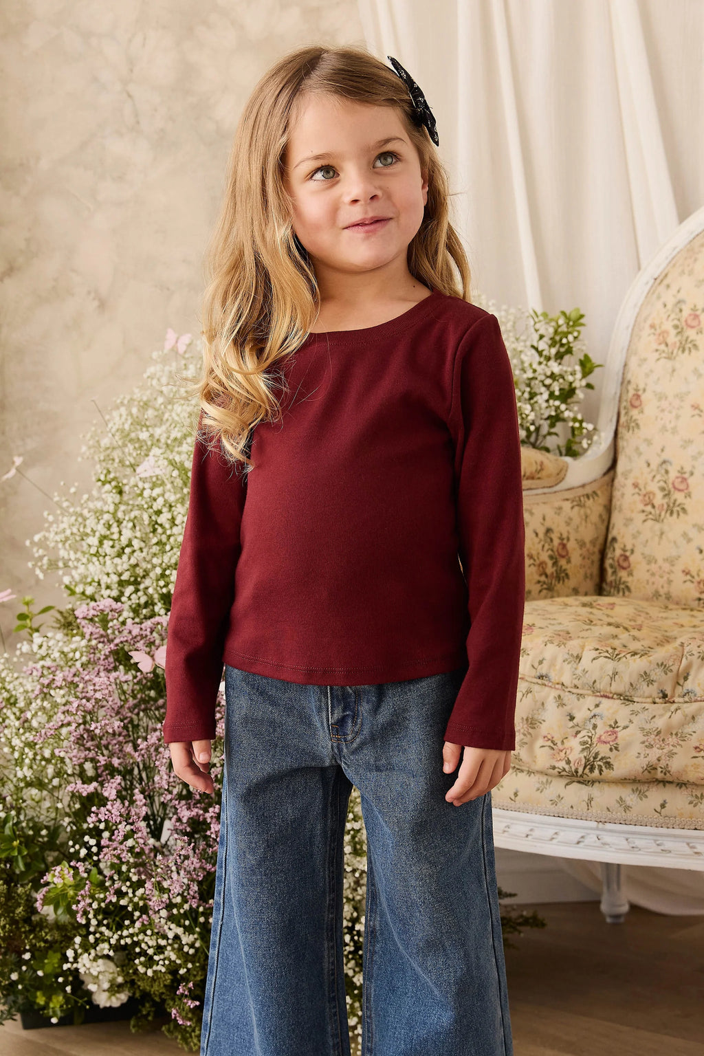 Organic Cotton Rib Helene Long Sleeve Top- Burgundy