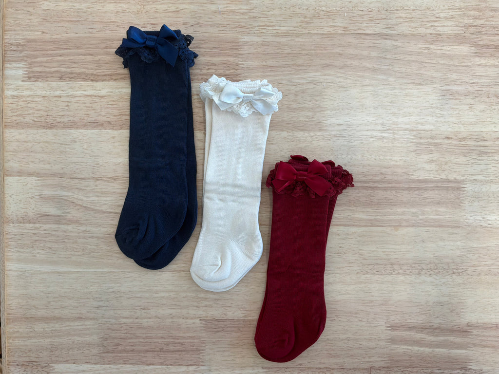 Navy, Ivory, & Dark Cherry 3-Pack Lace Ruffle Bow Knee High Socks