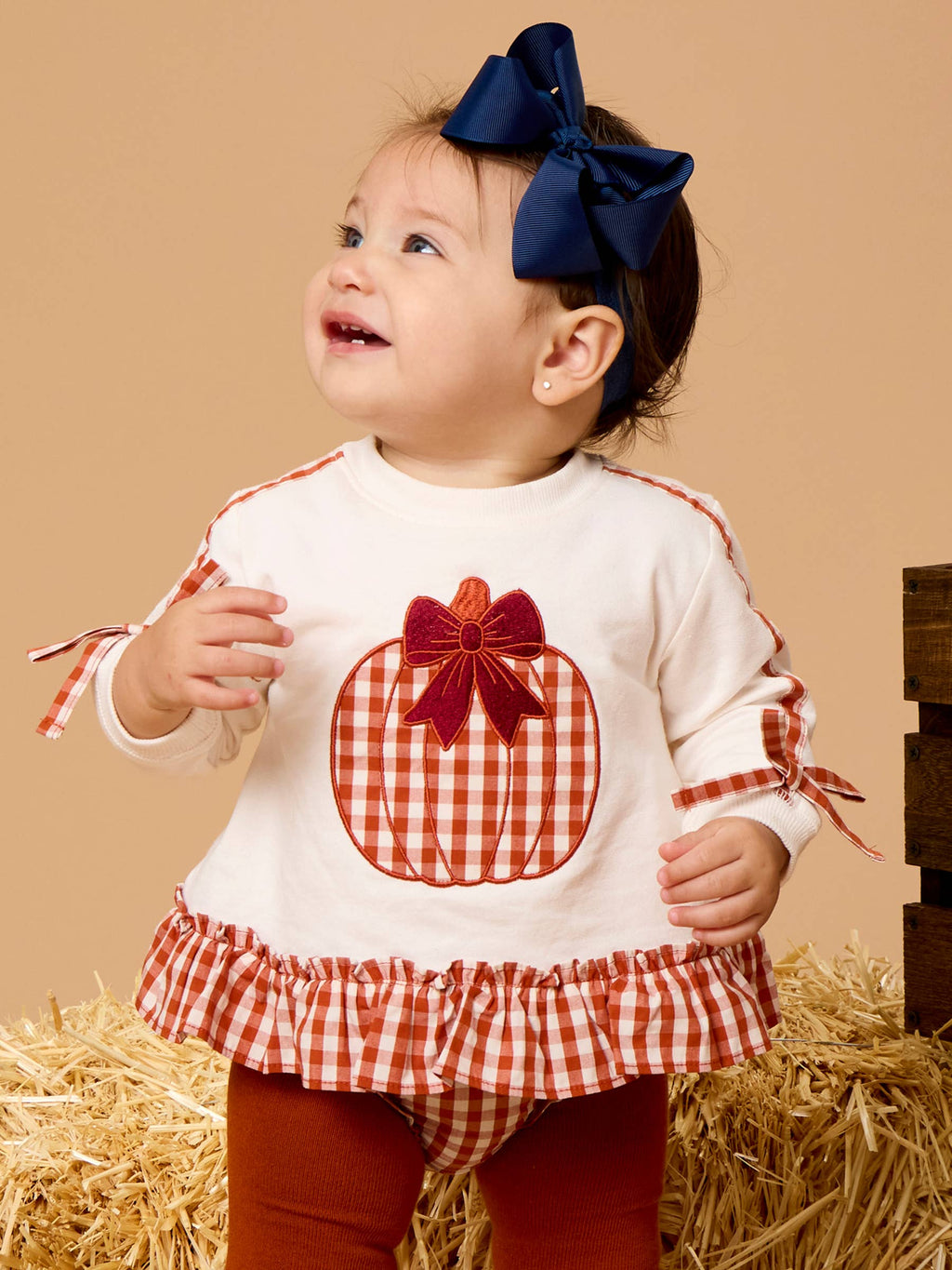 Baby Girls Pumpkin Bow Ivory Applique Ruffle Bow Sweatshirt Swing Top & Ruffle Bloomer Set