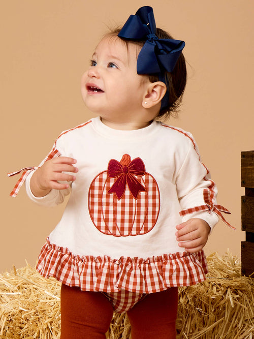 Baby Girls Pumpkin Bow Ivory Applique Ruffle Bow Sweatshirt Swing Top & Ruffle Bloomer Set